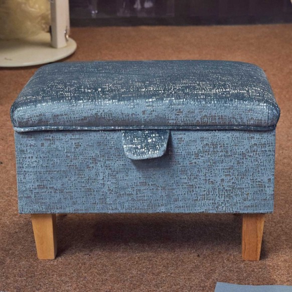 OUTLET Storage Footstool, Ottoman, Pouffe in Metallic Aqua Fleck Fabric