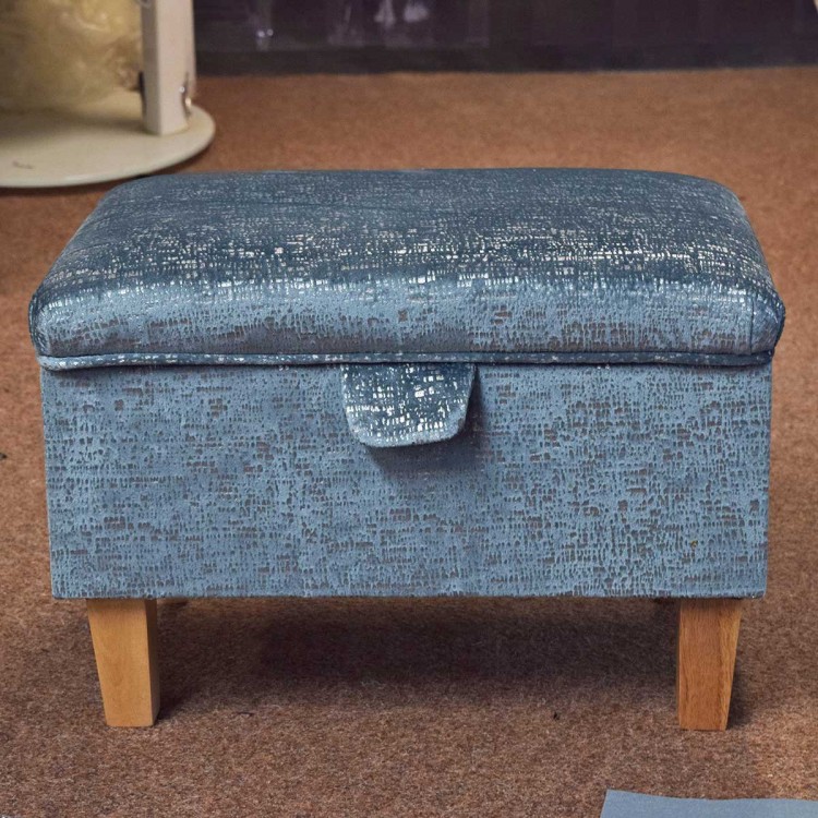 Storage Footstool Pouffe in Metallic Blue Fabric