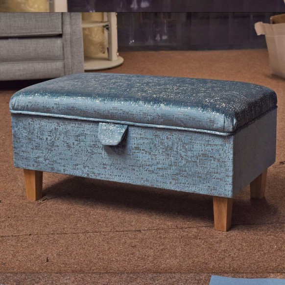 Storage Footstool, Ottoman, Pouffe in Metallic Aqua Fleck Fabric | Beaumont