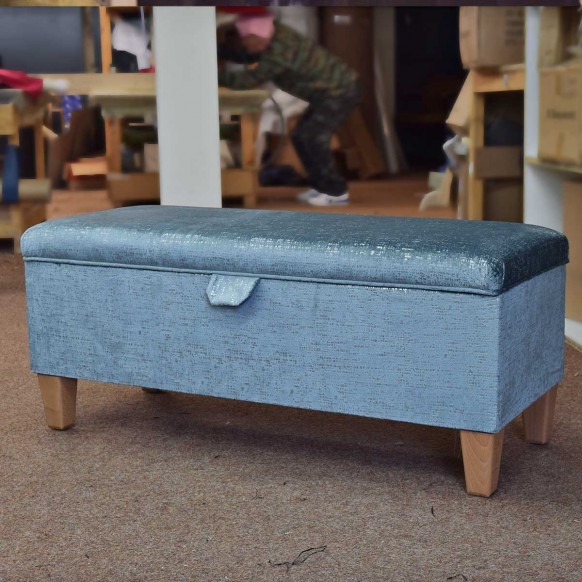 Handmade Storage Bench in Metallic Aqua Fleck Fabric | Beaumont