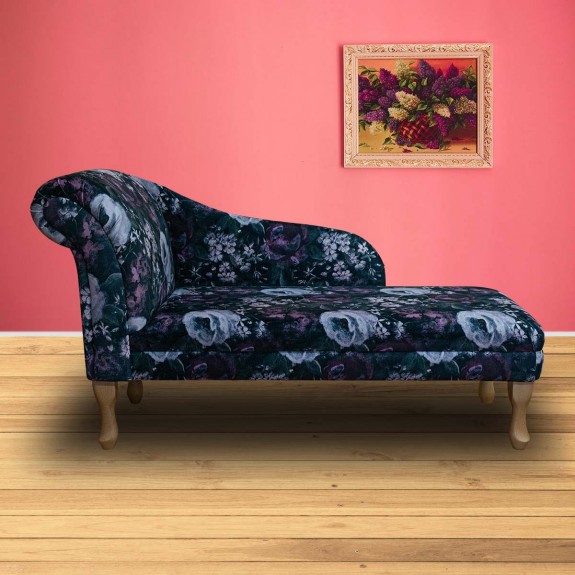 Medium Chaise Longue in Prints Blossom Aubergine Velvet Fabric | Beaumont