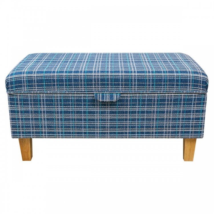 Storage Footstool Ottoman in Lomond Check Denim Fabric | Beaumont
