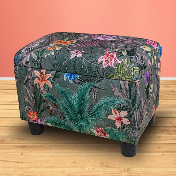 Pouffe Stool in Maestro Ribera Grey Botanical Printed Velvet Fabric | Beaumont