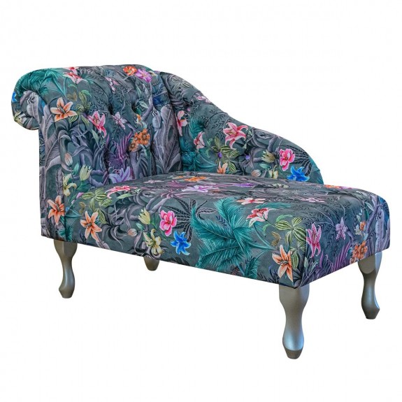 41" Buttoned Mini Chaise Longue in Maestro Ribera Grey Botanical Printed Velvet Fabric