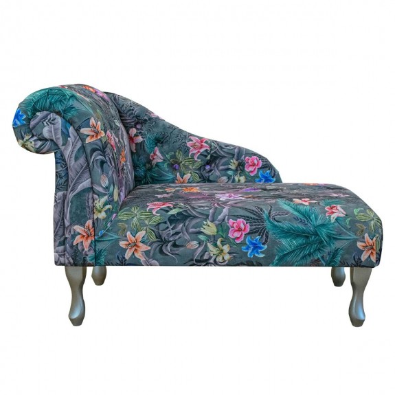 41" Buttoned Mini Chaise Longue in Maestro Ribera Grey Botanical Printed Velvet Fabric