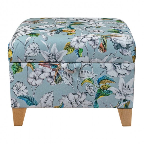 Square Storage Pouffe in Maestro Rembrandt Hummingbird Duck Egg Printed Velvet Fabric