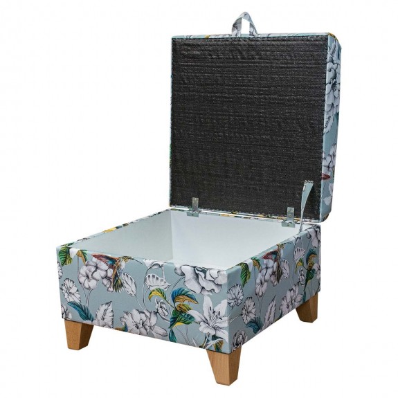 Square Storage Pouffe in Maestro Rembrandt Hummingbird Duck Egg Printed Velvet Fabric
