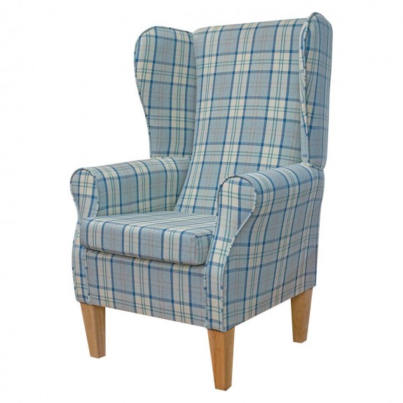 Large High Back Chair in Piazza Ocean Plaid Fabric