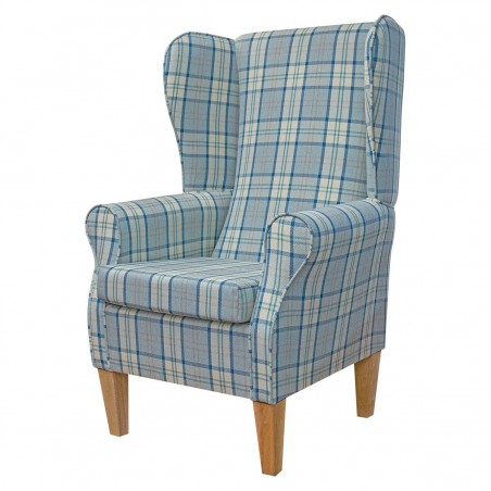Large High Back Chair in Piazza Ocean Plaid Fabric | Beaumont
