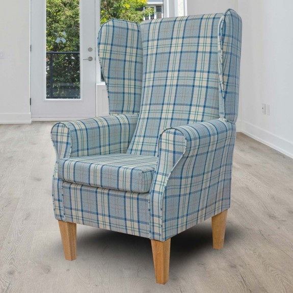 Large High Back Chair in Piazza Ocean Plaid Fabric | Beaumont