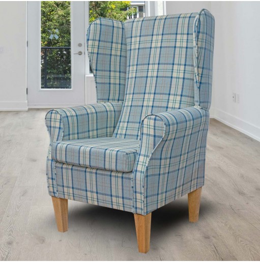 Large High Back Chair in Piazza Ocean Plaid Fabric | Beaumont