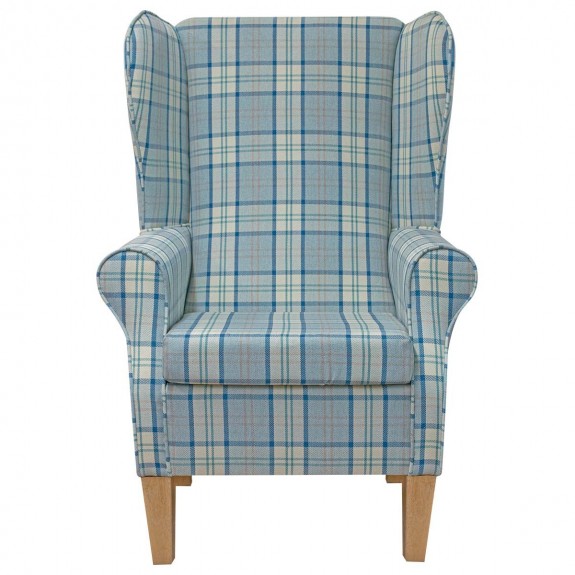 Large High Back Chair in Piazza Ocean Plaid Fabric