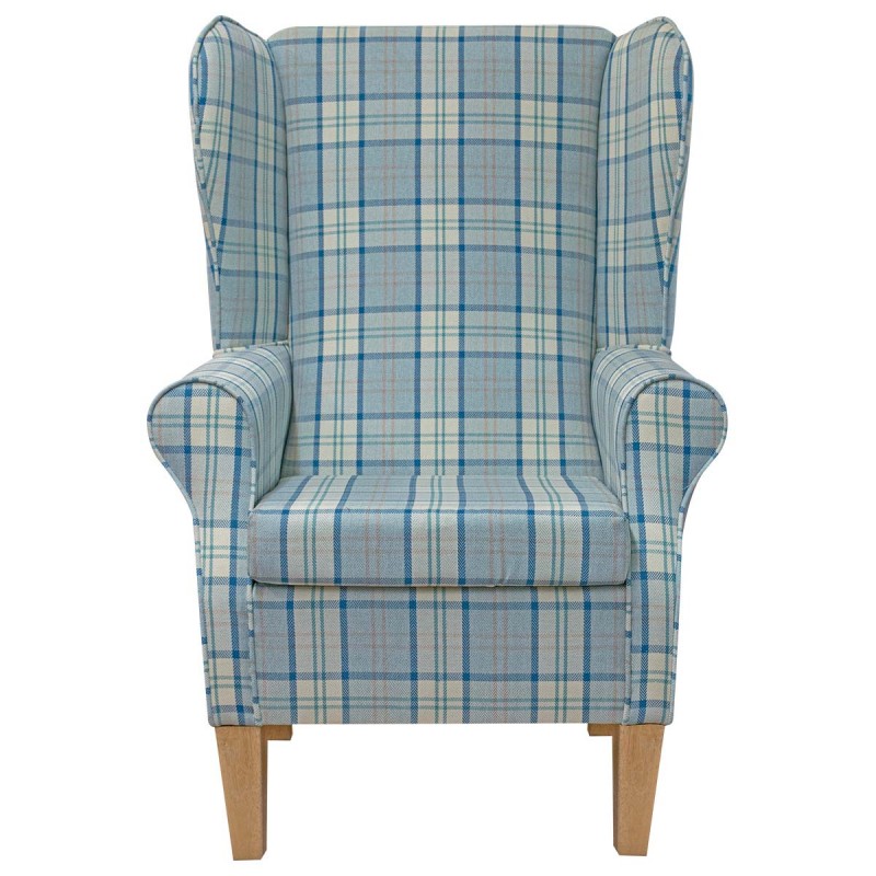 Large High Back Chair in Piazza Ocean Plaid Fabric | Beaumont