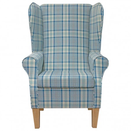Large High Back Chair in Piazza Ocean Plaid Fabric | Beaumont