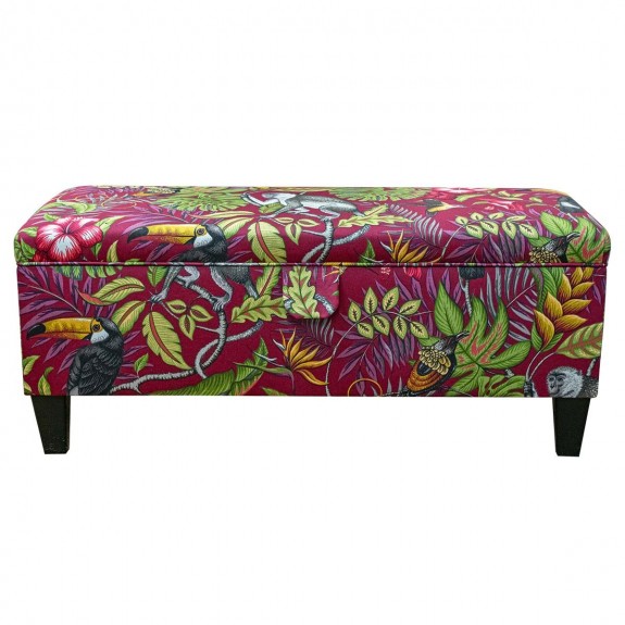 Storage Bench Stool in Rainforest Cranberry Cotton Fabric