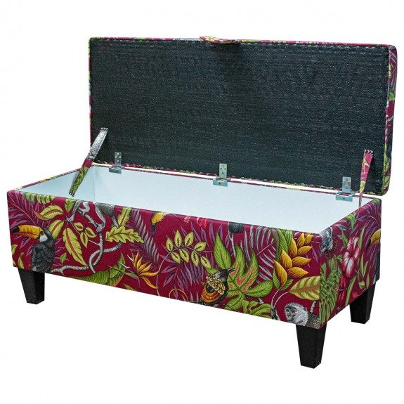 Storage Bench Stool in Rainforest Cranberry Cotton Fabric