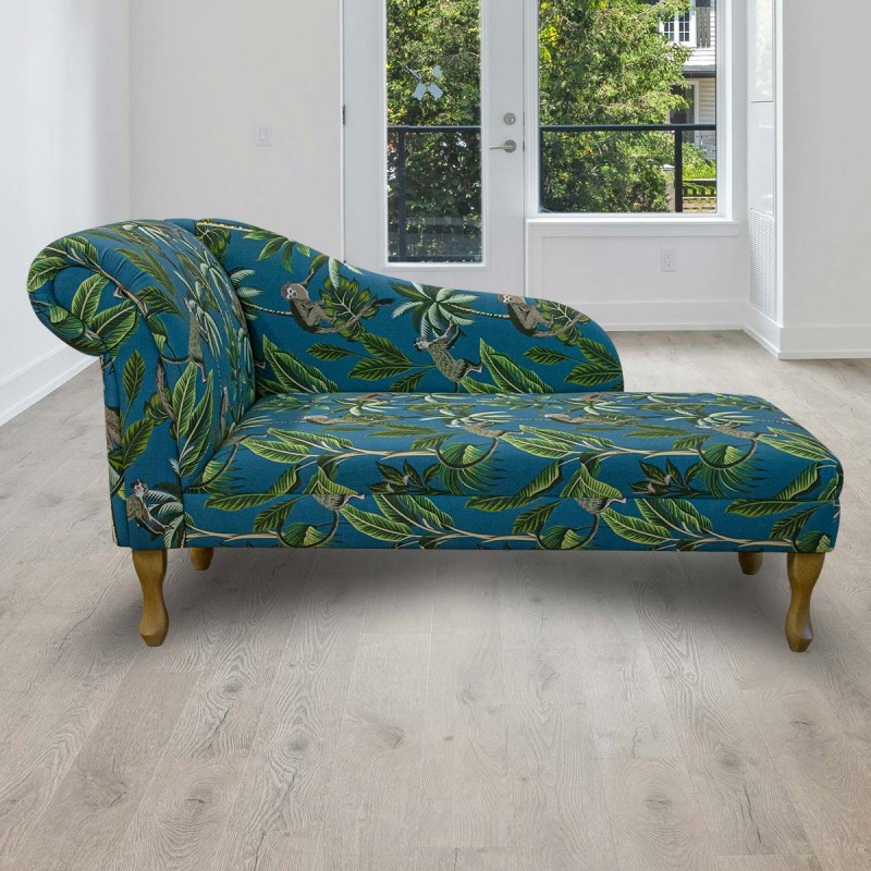 56" Medium Chaise Longue in Fryetts Monkey Teal Fabric | Beaumont