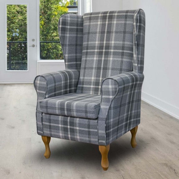 Large High Back Chair in Balmoral Dove Tartan Fabric | Beaumont