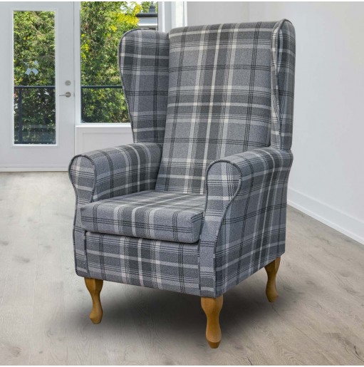 Large High Back Chair in Balmoral Dove Tartan Fabric | Beaumont