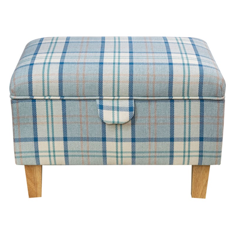 Storage Stool Ottoman in Piazza Ocean Plaid Fabric | Beaumont