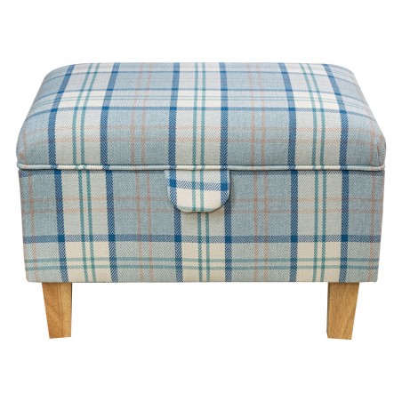 Storage Stool Ottoman in Piazza Ocean Plaid Fabric | Beaumont