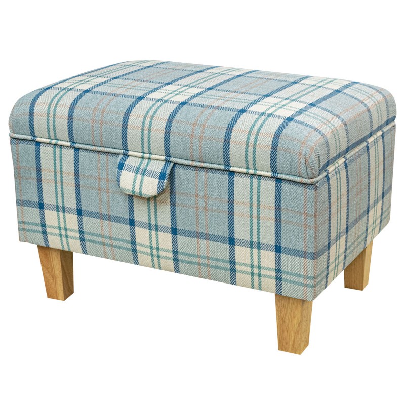 Storage Stool Ottoman in Piazza Ocean Plaid Fabric | Beaumont