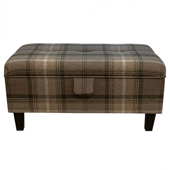 LUXE Buttoned Tartan Storage Footstool Ottoman in Sophie Chocolate Check Fabric
