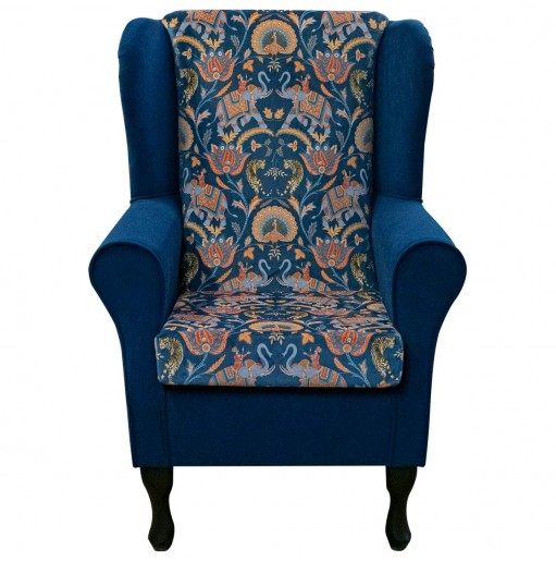 Standard Wingback Fireside Chair in Sumatra Sapphire & Notting Hill Plain Navy Velvet Fabric