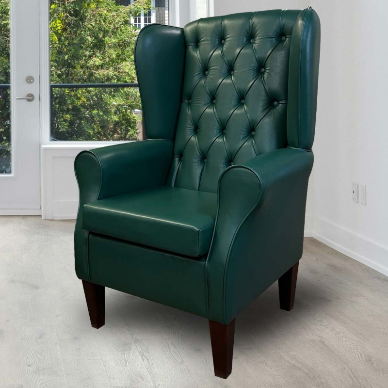 Bottle Green Leather Wing Chair