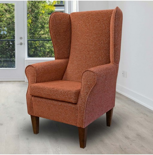 High back wing chair upholstered in burnt orange BER3356 fabric