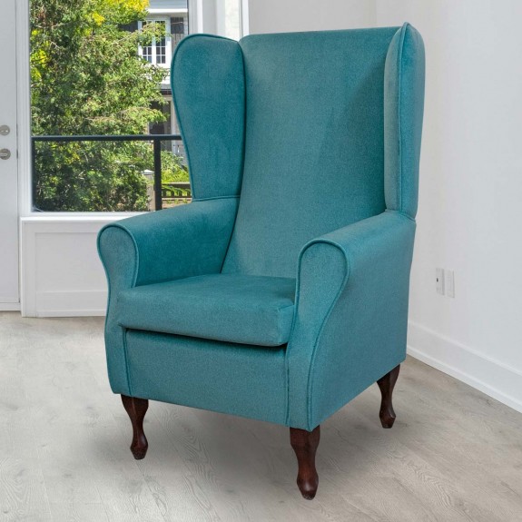 Large Blue High Back Chair in Arlington Peacock Wool Effect Fabric | Beaumont