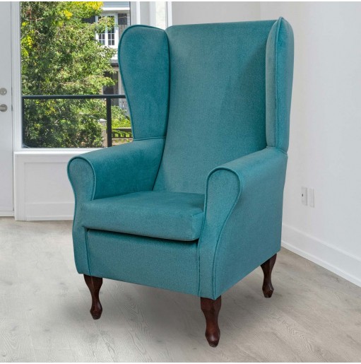 Large Blue High Back Chair in Arlington Peacock Wool Effect Fabric | Beaumont