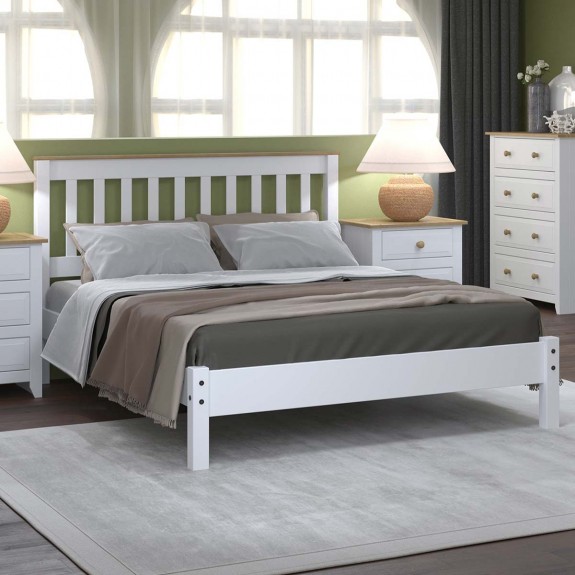 White & Pine Two-Tone Solid Wood Double Bed Frame
