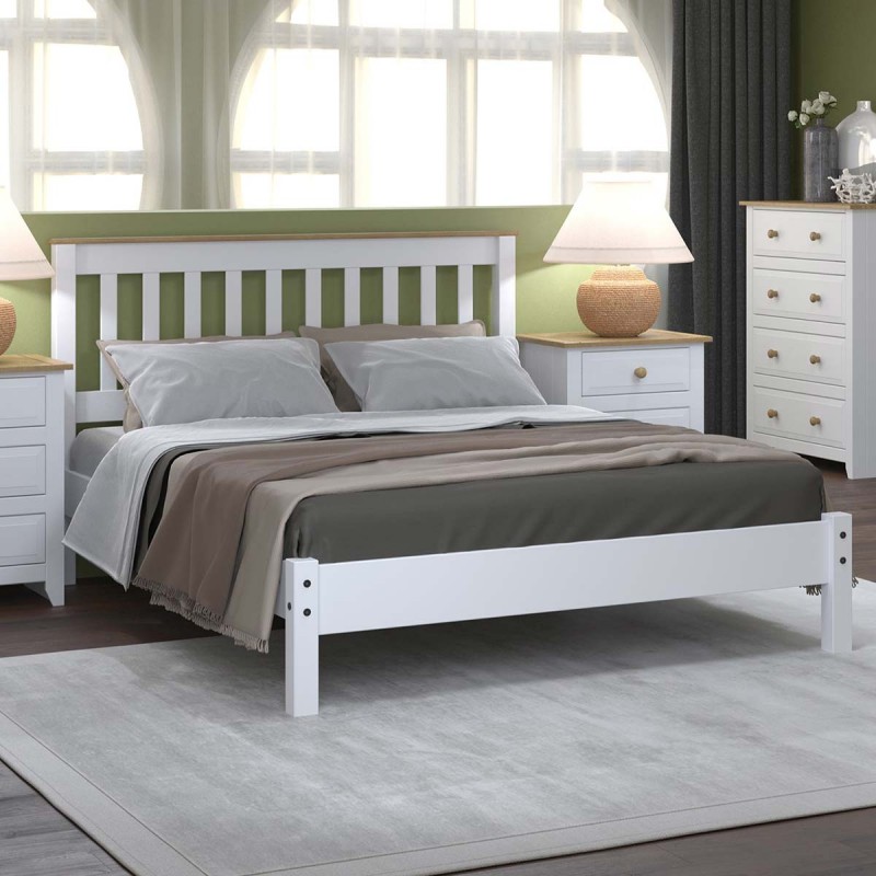 White & Pine Two-Tone Solid Wood Double Bed Frame