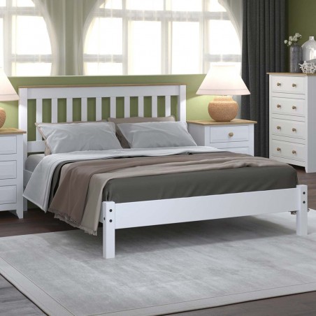 White & Pine Two-Tone Solid Wood Double Bed Frame