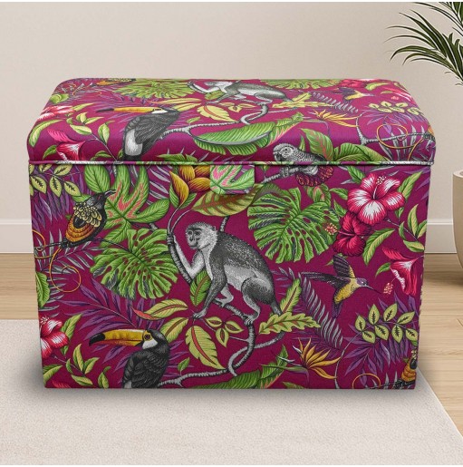 Tall Storage Ottoman in Rainforest Cranberry Cotton Fabric