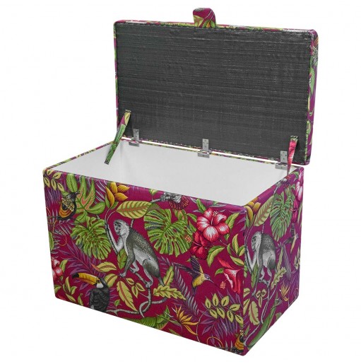 Tall Storage Ottoman in Rainforest Cranberry Cotton Fabric