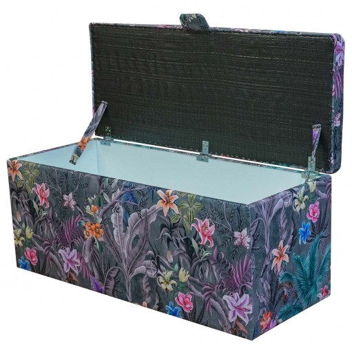 Storage Bench Ottoman in Maestro Ribera Grey Botanical Printed Velvet Fabric