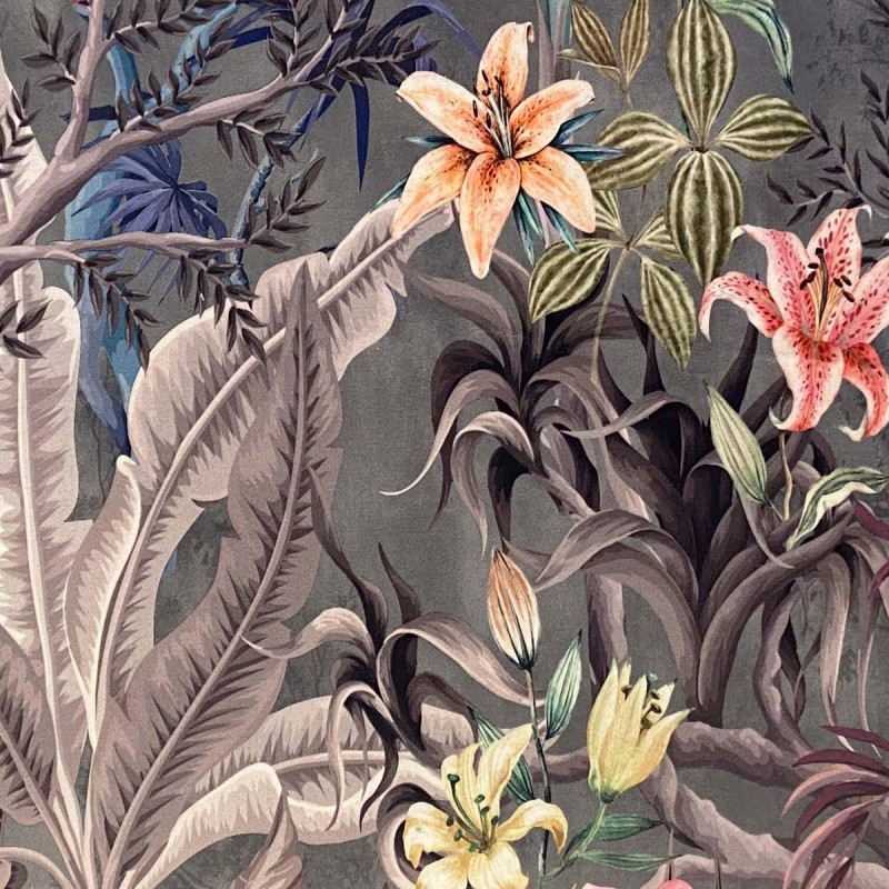 Grey Botanical Printed Velvet Fabric - MAE3365