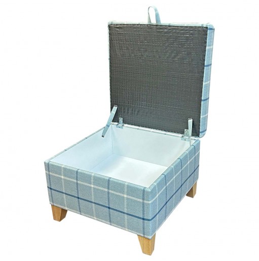 Square Blue Check Storage Pouffe in Piazza Ocean Window Pane Fabric