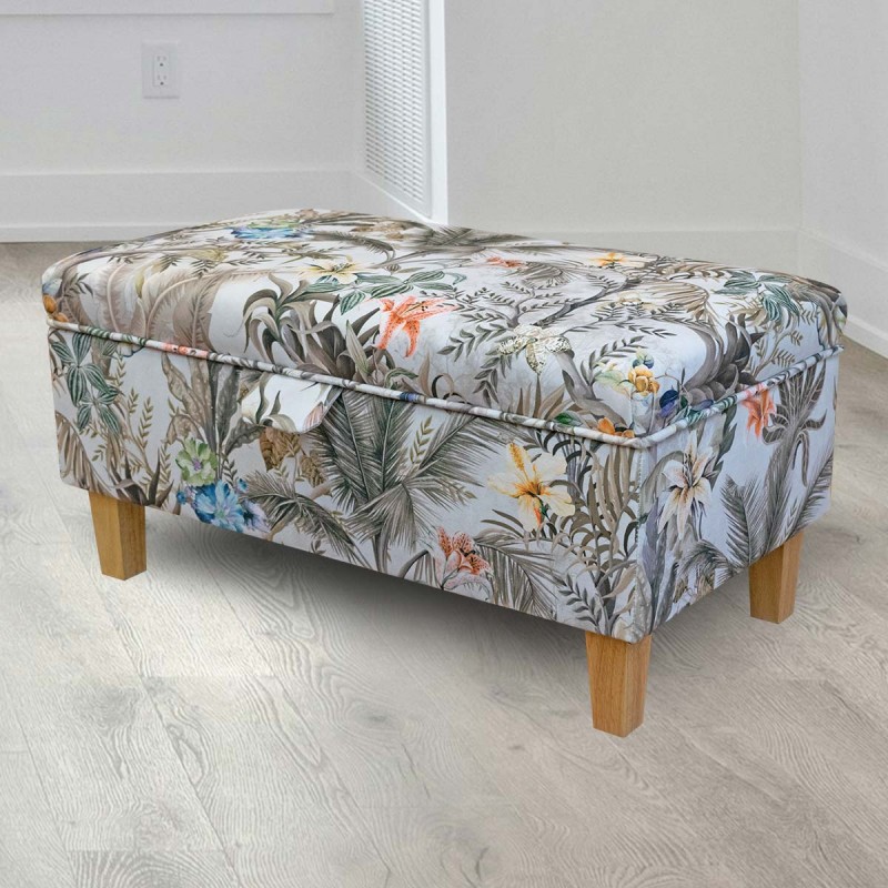 Storage FootstoolCream Botanical Printed Velvet Fabric