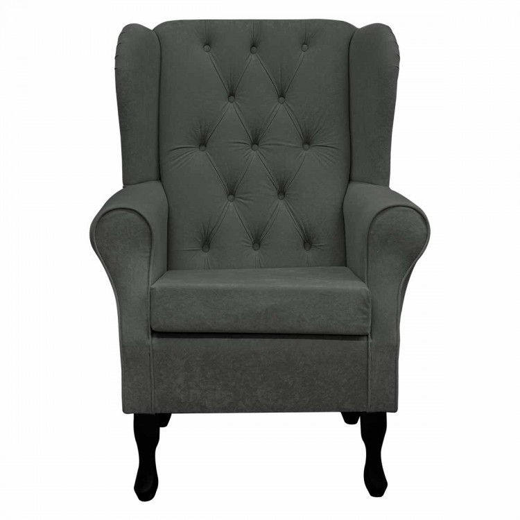 Buttoned Wingback Chair in a Plush Steel Grey Fabric | Beaumont