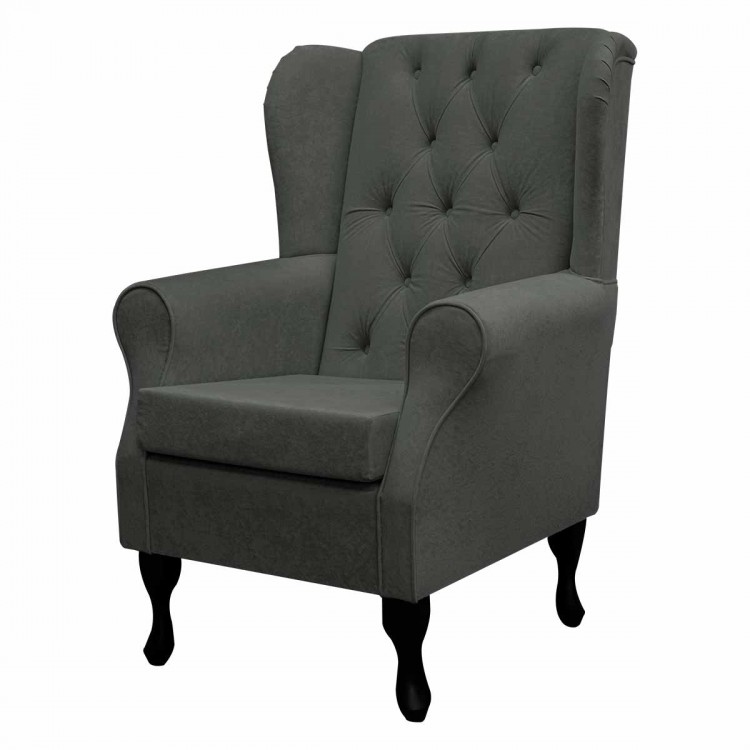 Buttoned Wingback Chair in a Plush Steel Grey Fabric | Beaumont