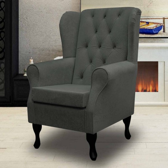 Buttoned Wingback Chair in a Plush Steel Grey Fabric | Beaumont