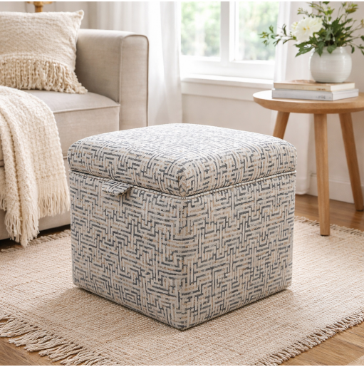 Square Storage Pouffe in Accento Maze Beige Fabric - ACC3111
