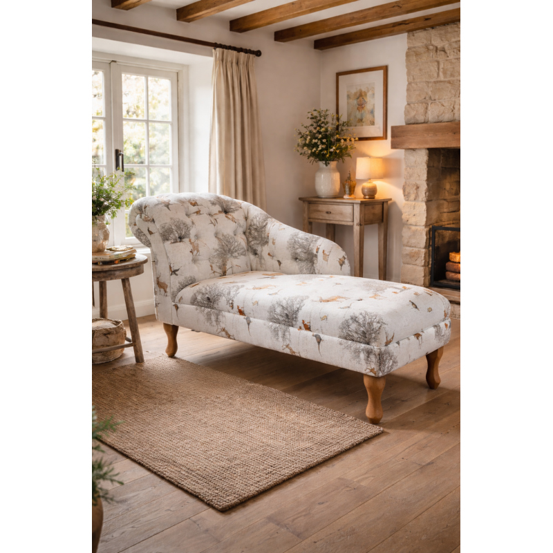 45" Medium Buttoned Chaise Longue in Fryetts Tatton Autumn Fabric