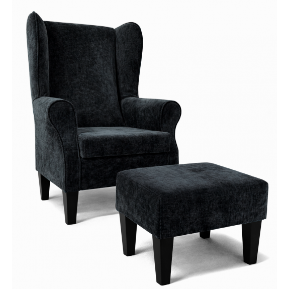 Clearance Large High Back Chair in Velvet Charcoal Fabric with Free Footstool