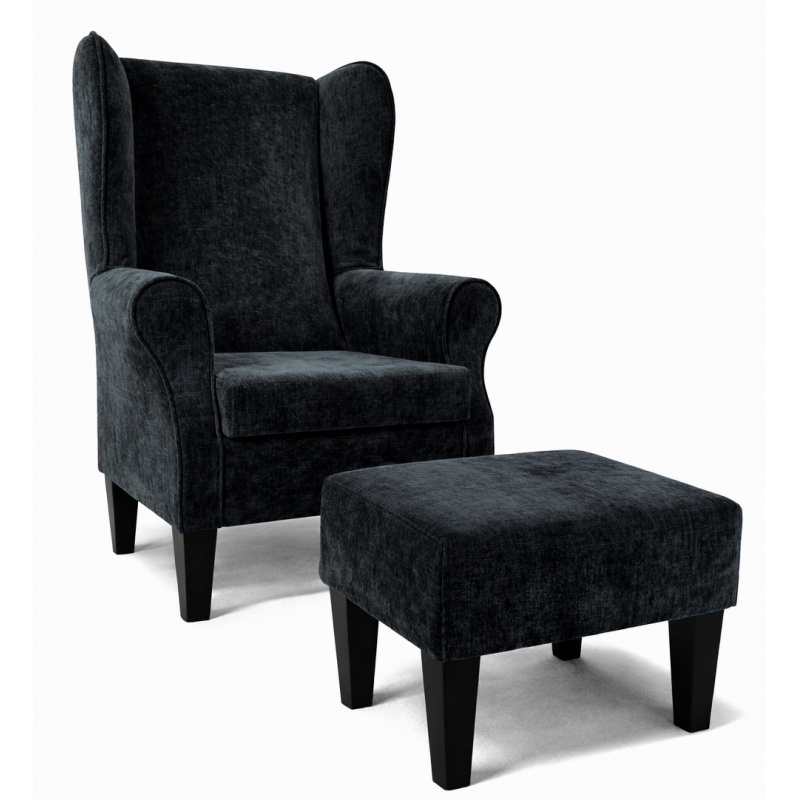 CLEARANCE Large High Back Velvet Armchair with Footstool – Charcoal Wingback Chair | Beaumont