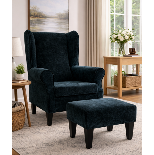 Clearance Large High Back Chair in Velvet Charcoal Fabric with Footstool