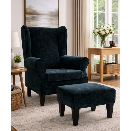 Clearance Large High Back Chair in Velvet Charcoal Fabric with Footstool